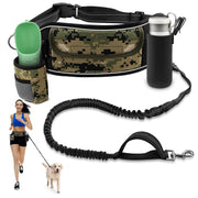Camo hands-free dog leash belt with bungee cord water bottle holder and pet bowl