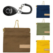 Dog training treat pouches in brown, navy blue, olive green, and yellow with brass clips