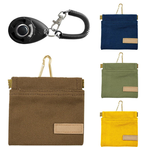 Dog training treat pouches in brown, navy blue, olive green, and yellow with brass clips