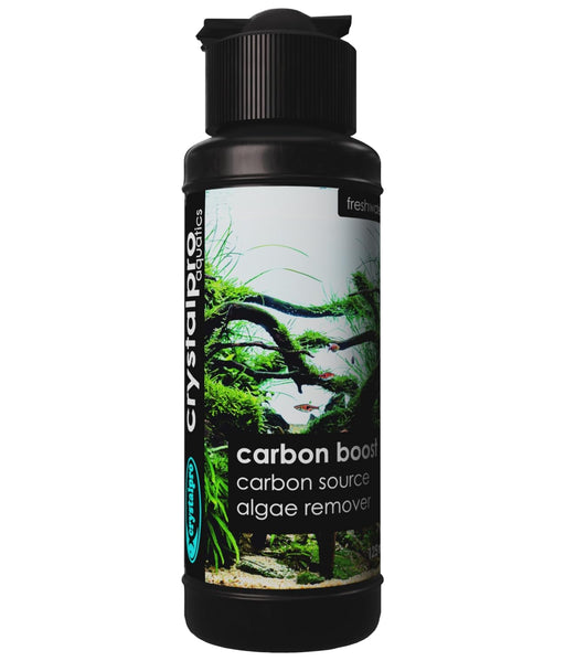 Black bottle of crystallpro carbon boost aquarium supplement with aquascape design on label