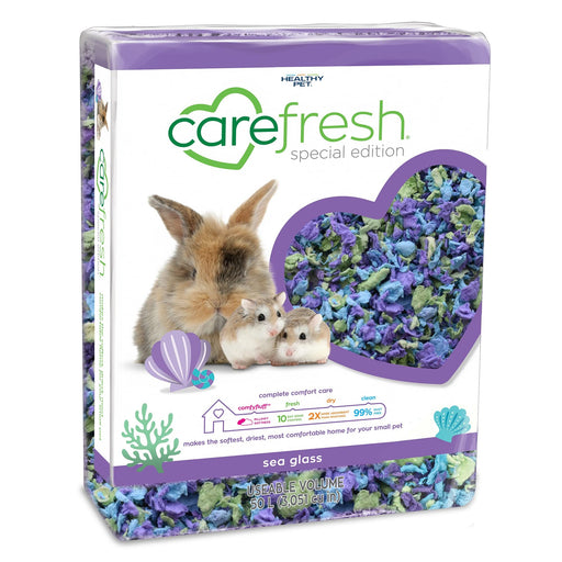 Carefresh Sea Glass bedding package showing purple and blue paper bedding with rabbit and hamsters