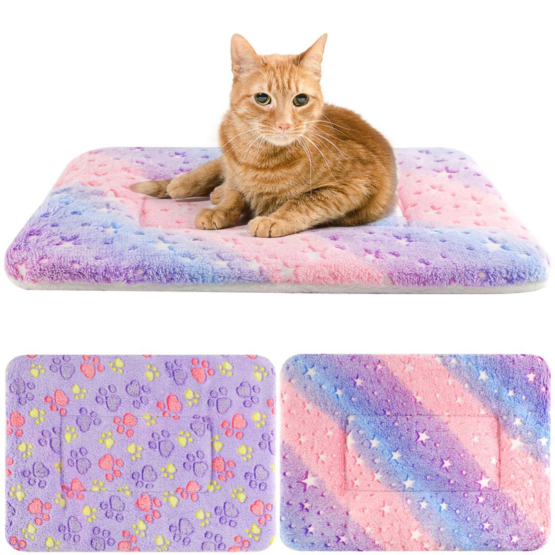 Orange tabby cat lying on colorful tie-dye pet blanket with matching paw print design sample