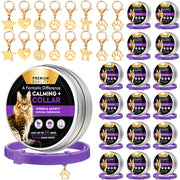 Cat calming collar 16-pack display with gold paw print charms and purple collar bases arranged