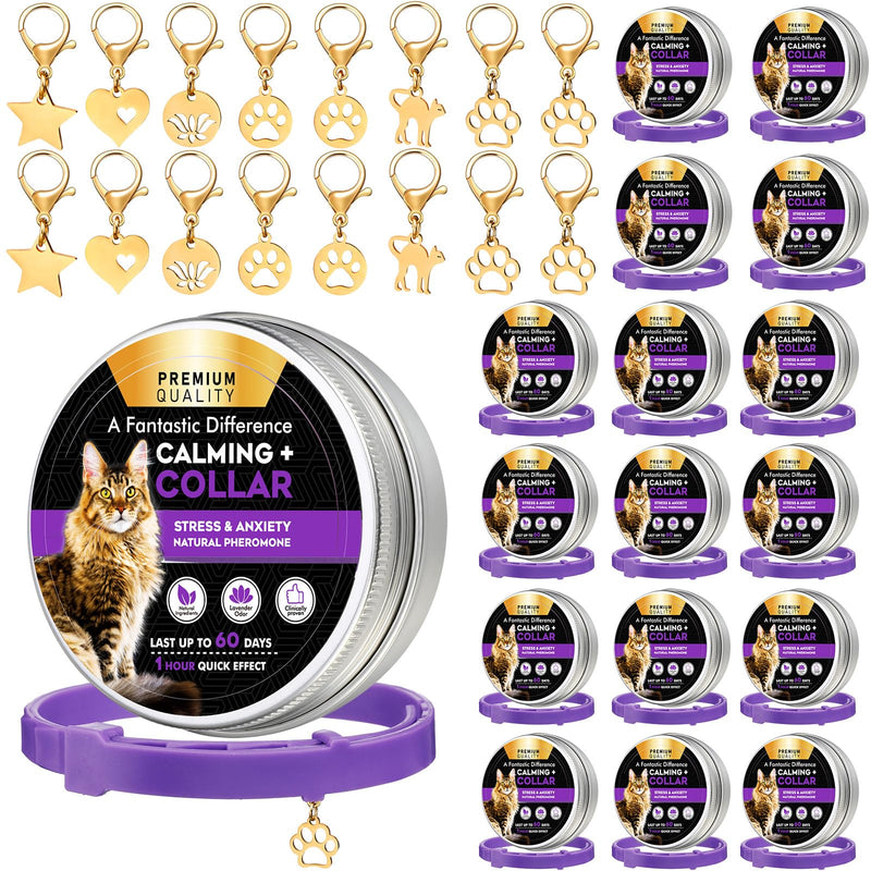 Cat calming collar 16-pack display with gold paw print charms and purple collar bases arranged