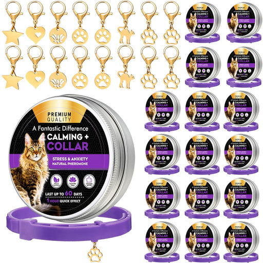 Cat calming collar 16-pack with purple bands and gold paw print charms displayed on white background