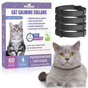 Cat calming collar package with gray cat wearing black collar and four additional collars shown