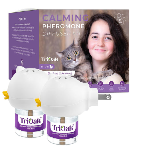 TriOak calming pheromone diffuser kit 2-pack with refills and box showing girl with cat
