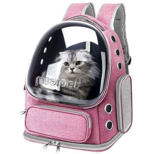 Pink bubble window cat backpack with gray Scottish Fold cat inside transparent dome compartment