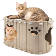 Beige felt cat hideaway house with two tabby cats inside and on top