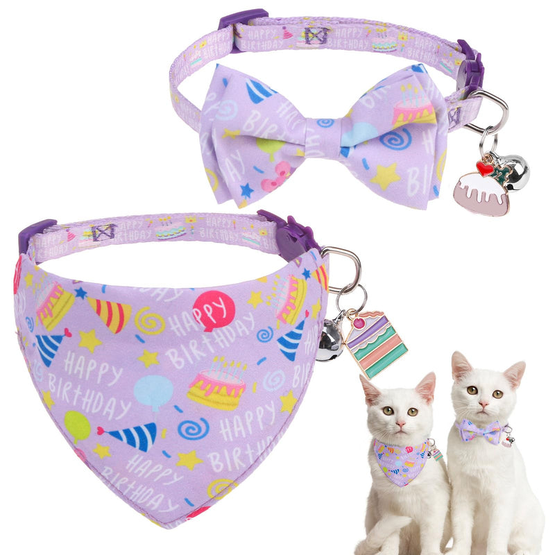 Purple birthday-themed cat collar with bow tie and bandana plus charms on white background
