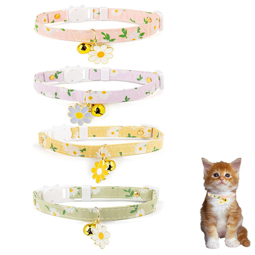 Four floral cat collars with daisy charms and bells shown with orange tabby kitten modeling one