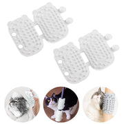 Two white silicone cat corner brushes with mounting holes and three demonstration photos below