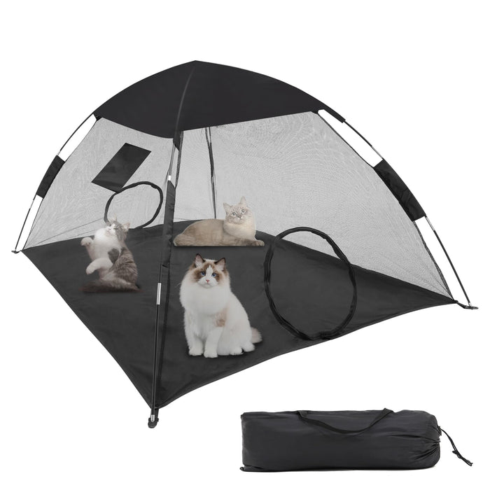 Black and gray mesh cat tent with three cats inside and carrying bag shown below