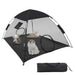 Black and gray mesh cat tent with three cats inside and carrying bag shown below