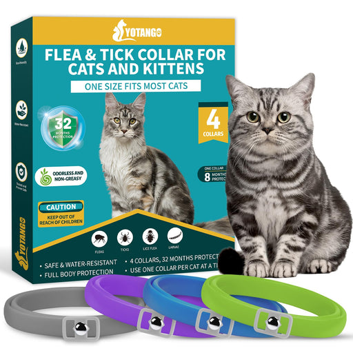 Four colorful flea collars in gray, purple, blue and green displayed with tabby cat and product box