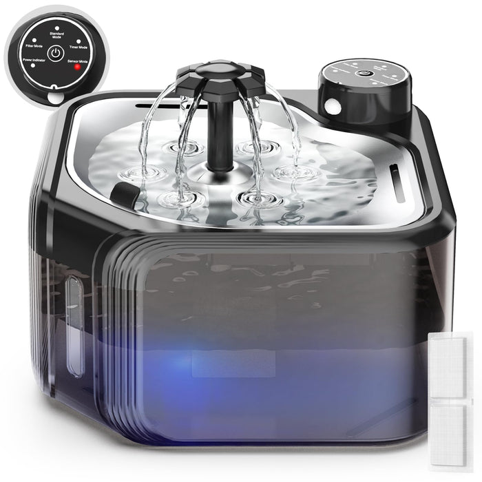 Wireless cat water fountain with fountain streams flowing and blue LED light illuminated at base
