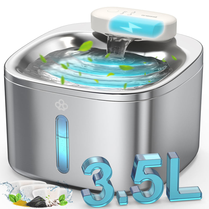 Stainless steel cat water fountain with 3.5L capacity display and circulating water flow