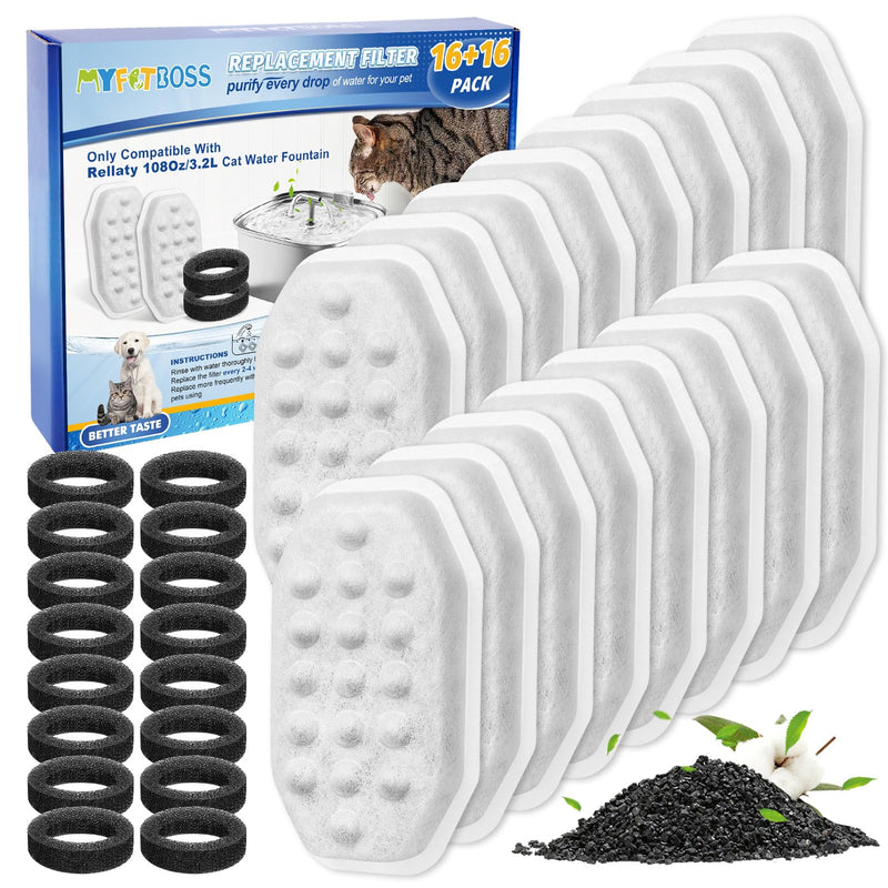 White replacement filters and black foam rings for cat water fountain with product packaging box