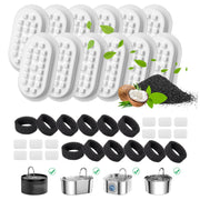 White replacement filters with activated carbon and compatibility icons showing compatible fountains
