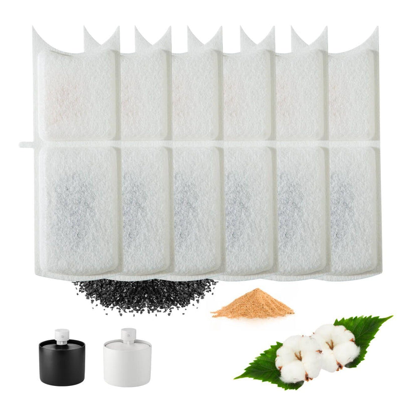 Six white cylindrical pet fountain replacement filters with activated carbon materials shown below