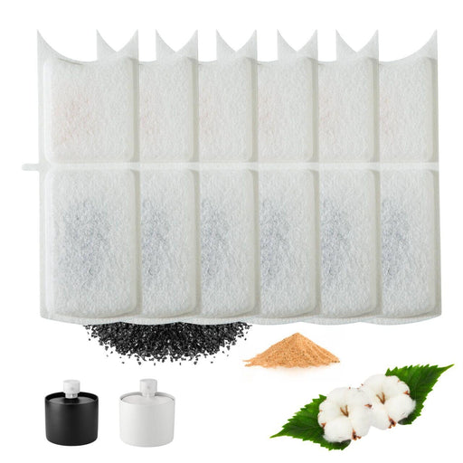 Six white cylindrical pet fountain replacement filters with activated carbon materials shown below