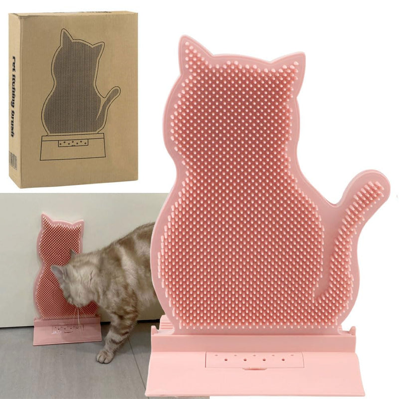 Pink cat-shaped self-groomer brush with rubber bristles shown with box and cat in use