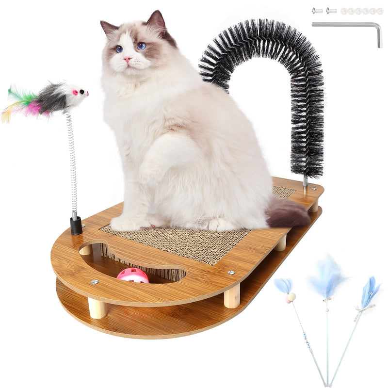 Ragdoll cat sitting on bamboo 5-in-1 station with grooming arch brush spring mouse toy and scratcher