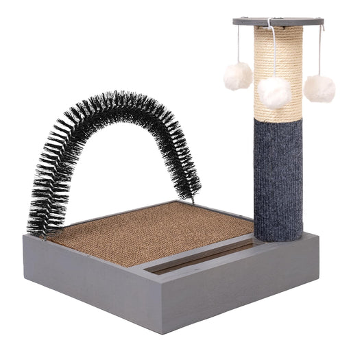 4-in-1 cat toy with bristle grooming arch scratching pad sisal post and pom-pom toys