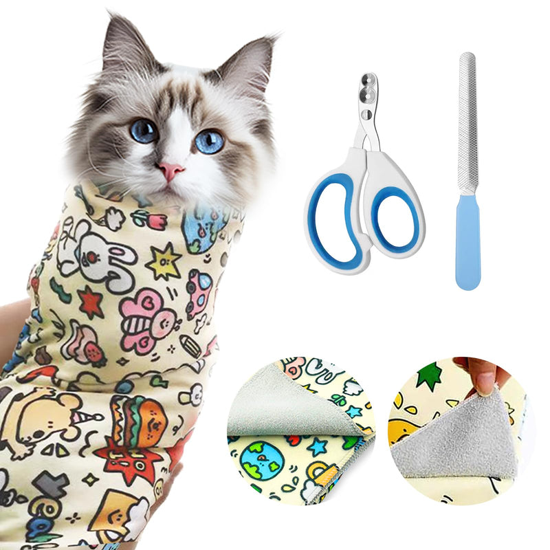 Blue-eyed cat in colorful cartoon print grooming wrap with nail clippers and file tools shown