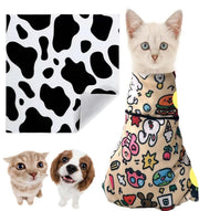 White kitten in colorful patterned grooming wrap with cow print fabric and small dog shown