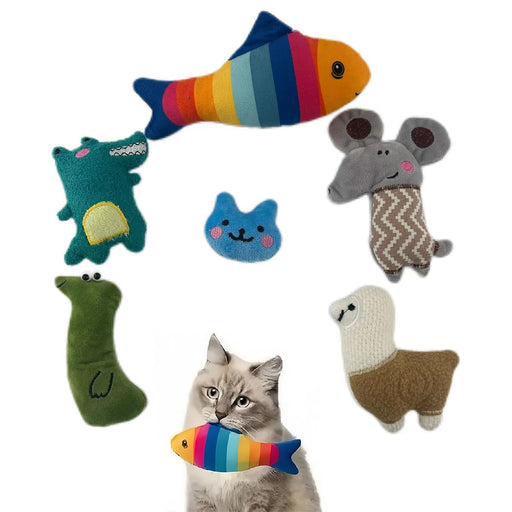 Six catnip cat toys including fish mouse dinosaur alpaca worm and cat face with live cat holding