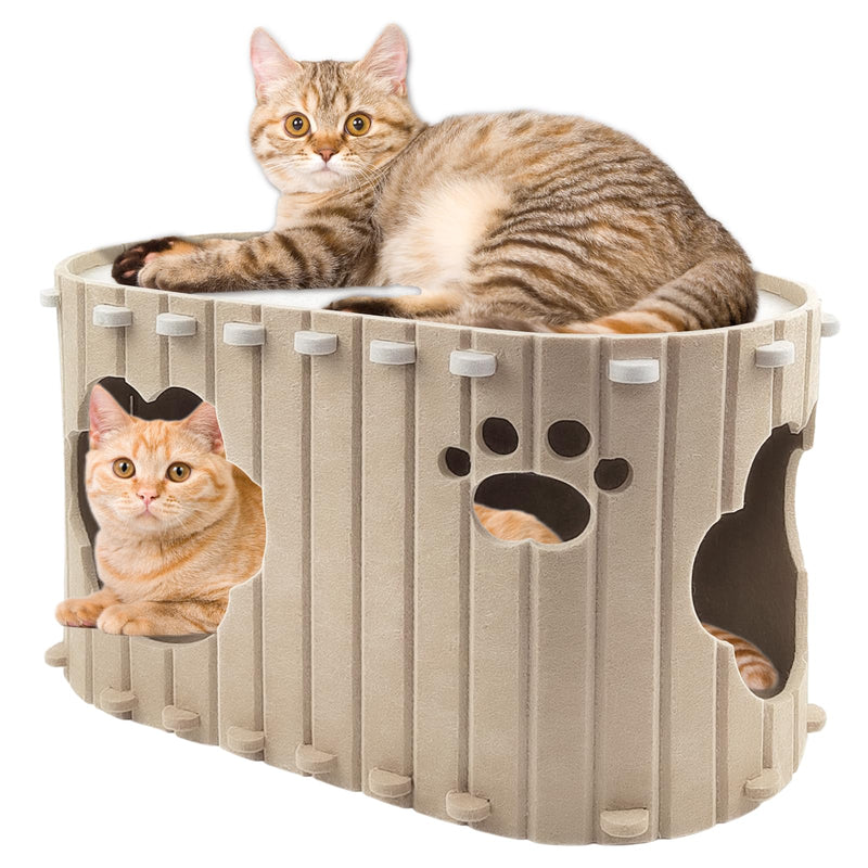 Two cats using beige felt cat house one lounging on top one inside paw cutout