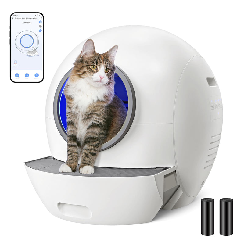 Brown and white tabby cat sitting inside white spherical smart litter box with smartphone app
