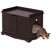 Dark brown wooden cat litter cabinet with tabby cat emerging from circular entrance hole