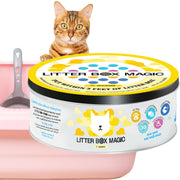 Orange tabby cat sitting behind white Litter Box Magic odor eliminator container with pink