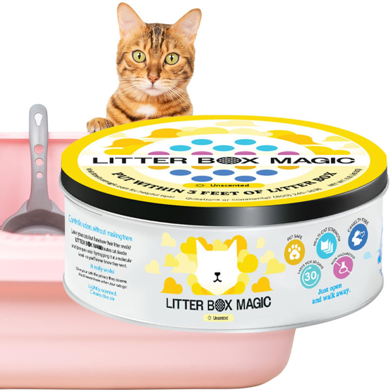 Orange tabby cat sitting behind white Litter Box Magic odor eliminator container with pink