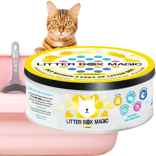 Orange tabby cat sitting behind white Litter Box Magic odor eliminator container with pink