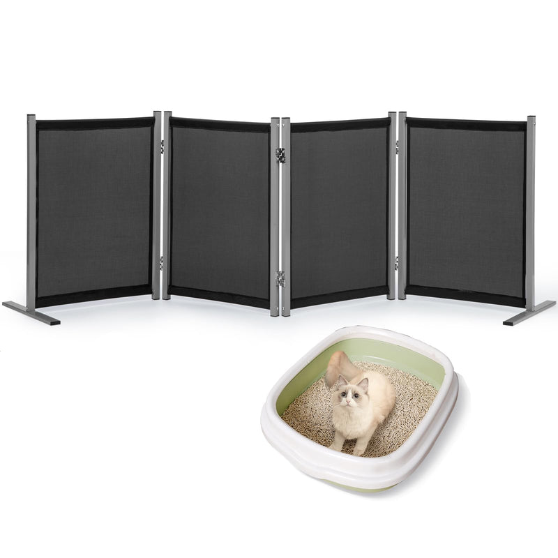 Black folding privacy screen with silver frame shown with white cat sitting in litter box below