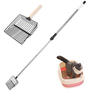 Black telescoping cat litter scoop with wire basket, long adjustable handle, and gray cat in