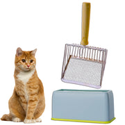 Orange tabby cat sits beside metal litter scoop and blue storage stand on white background