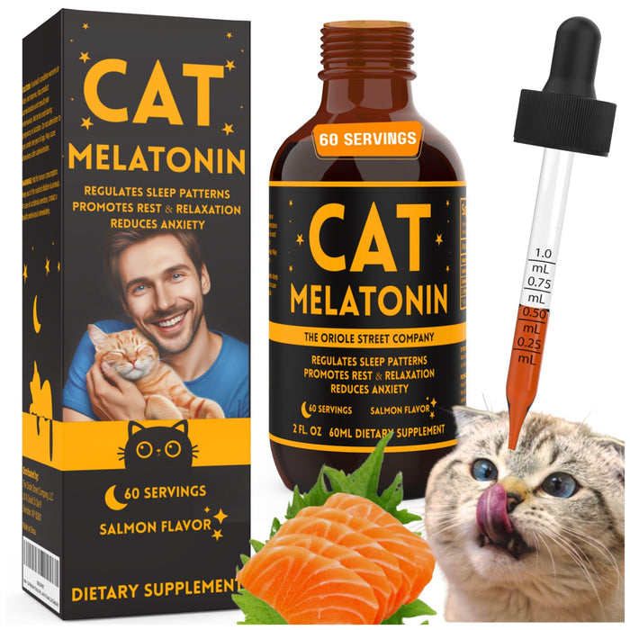 Cat melatonin drops package and bottle with salmon flavor, featuring happy man holding orange cat