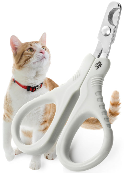 White cat nail clippers with orange and white cat looking up, showing ergonomic grip design