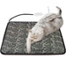 Gray tabby cat lying on floral patterned electric heating mat with USB cord and controller