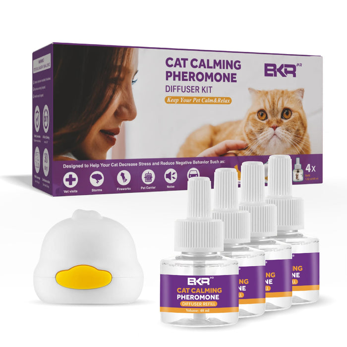 Cat calming pheromone diffuser kit with white diffuser device and four refill bottles