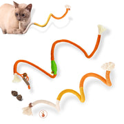 Multiple colorful catnip rope toys in orange yellow and cream with cat playing