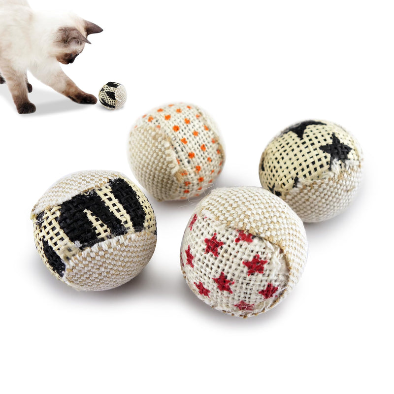 Siamese cat playing with woven cat toy balls featuring colorful patterns on white background