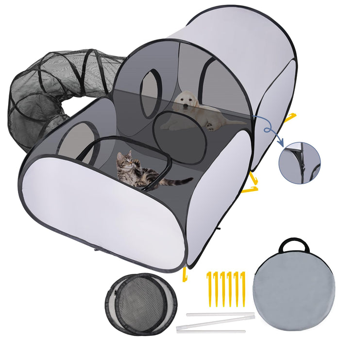 Gray and white pop-up cat playpen with mesh tunnel and accessories laid out showing setup