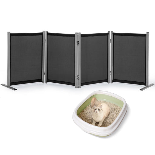 Gray folding privacy screen with white cat sitting in litter box below showing product use