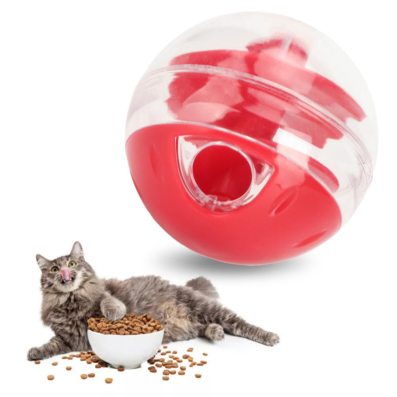 Red and clear puzzle ball toy with tabby cat eating kibble from white bowl nearby