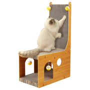 Fluffy white cat scratching tall cardboard scratcher with bamboo house base and yellow bell balls